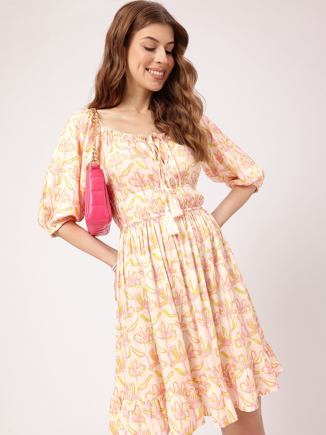 DressBerry Dreamy Holiday Floral Printed Cinched Waist Off-Shoulder A-Line Mini Dress