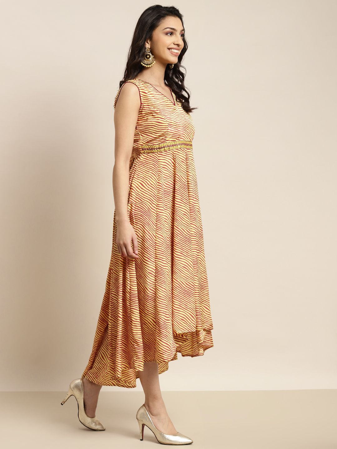 Shae by SASSAFRAS Mustard Yellow & Brown Lehariya High Low Crepe Anarkali Maxi Dress