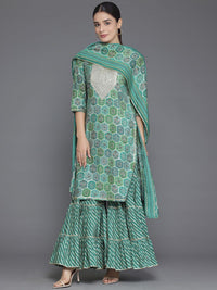 Libas Floral Printed Round Neck Three-Quarter Sleeves Sequinned Kurta Set