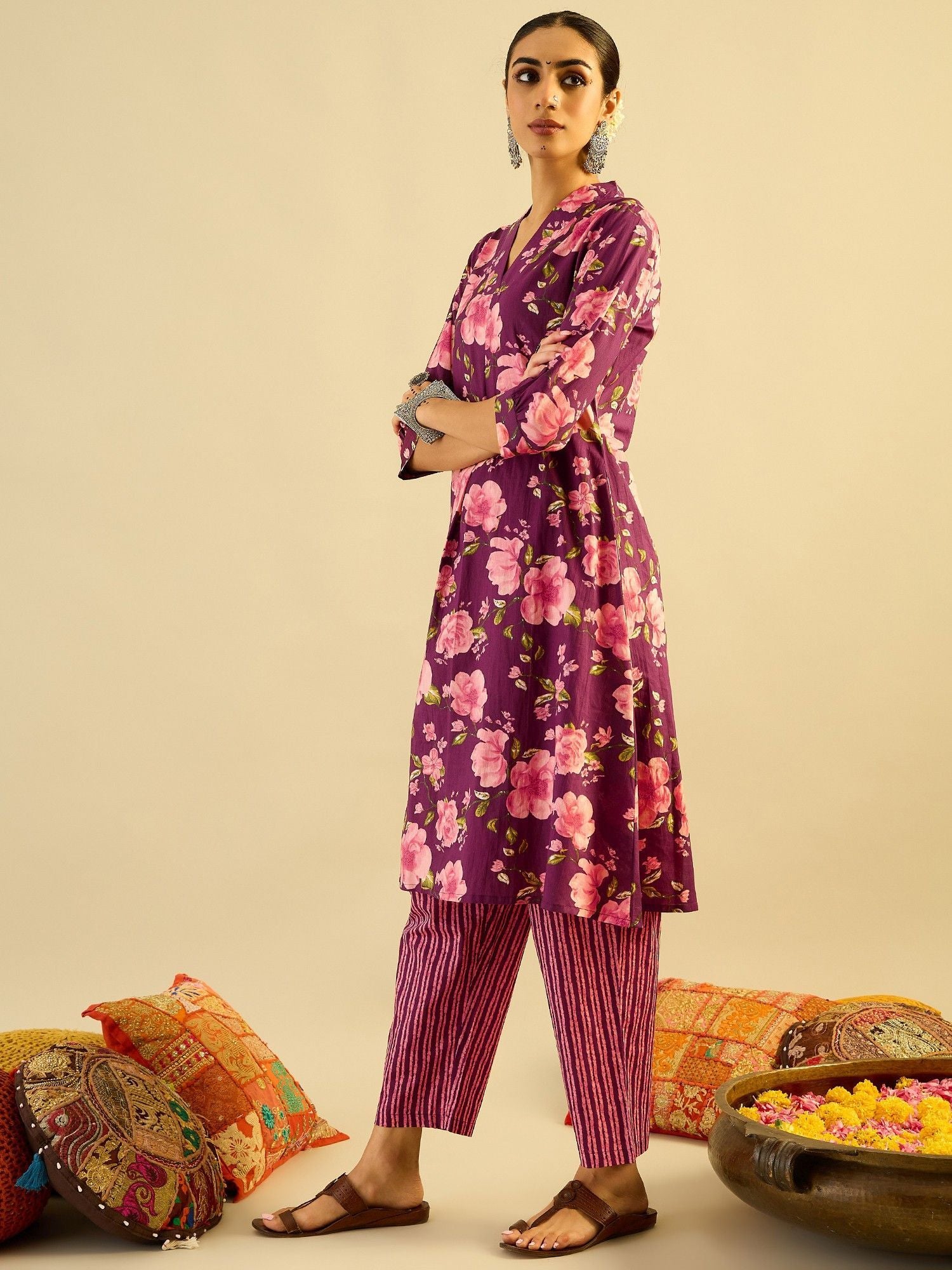 Indo Era Floral Printed V-Neck Pure Cotton A-Line Kurta with Trouser