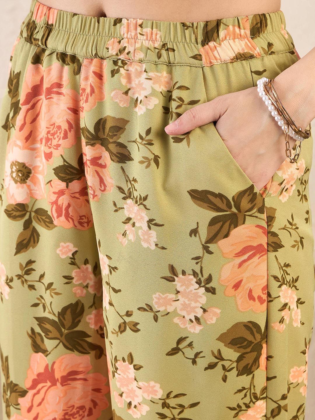 SASSAFRAS Olive Green Floral Printed Shirt & Trousers