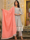 Vishudh White Floral Printed Pleated Pure Cotton Kurta with Trouser & Dupatta