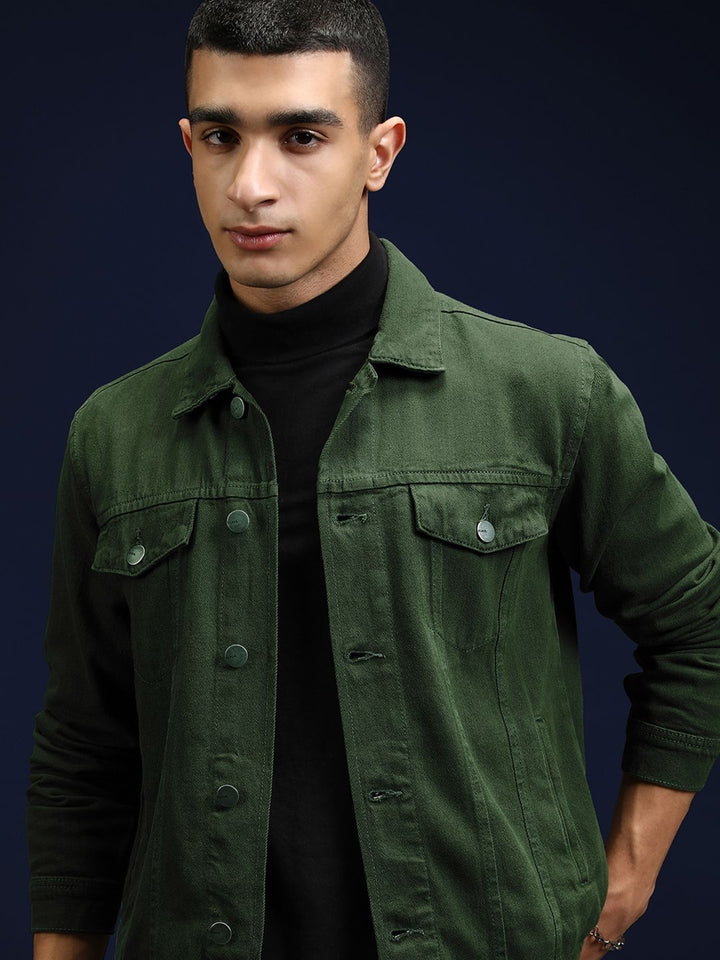 Highlander Men Jaket Denim Pepejal Hijau