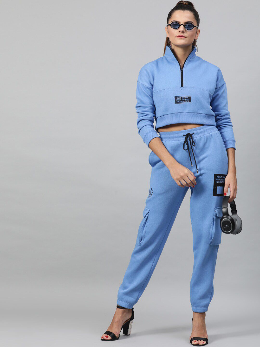 STREET 9 Women Blue Solid Crop Sweatshirt