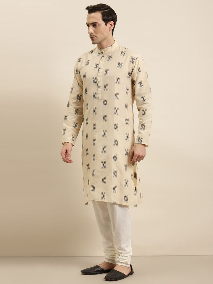 Sojanya Men Beige & Black Ikat Woven Design Pure Cotton Kurta
