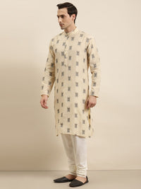 Sojanya Men Beige & Black Ikat Woven Design Pure Cotton Kurta