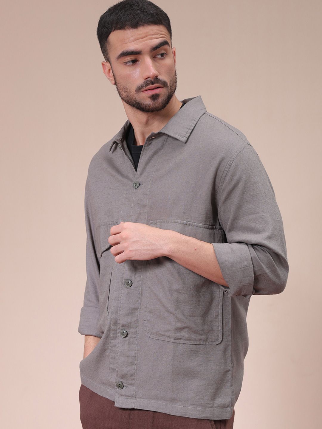 The Indian Garage Co Men Regular Fit Solid Double Flap Pocket Resortwear Overshirt