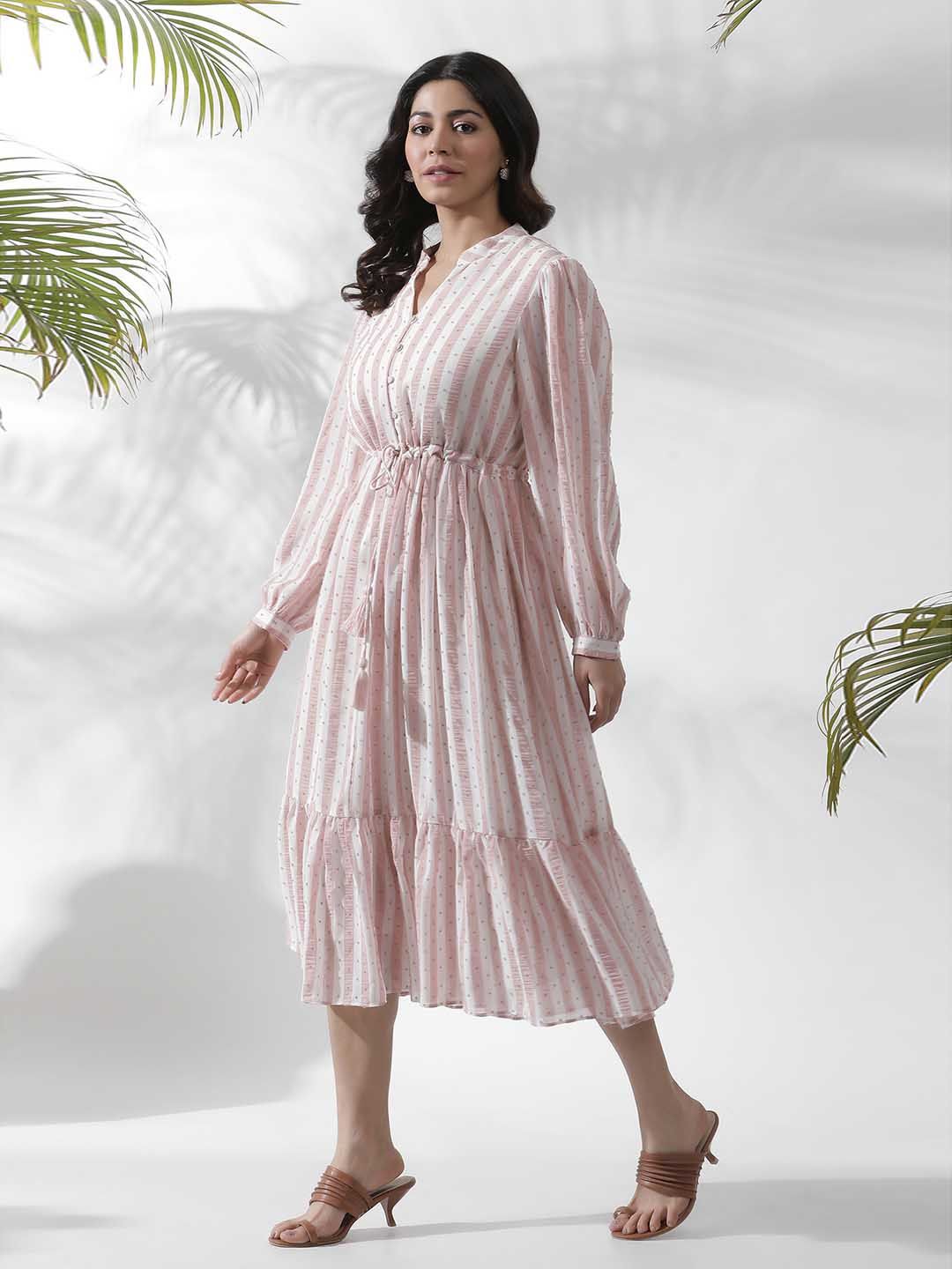 W Striped Notched Neck Puff Sleeves A-Line Opaque Midi Casual Dress