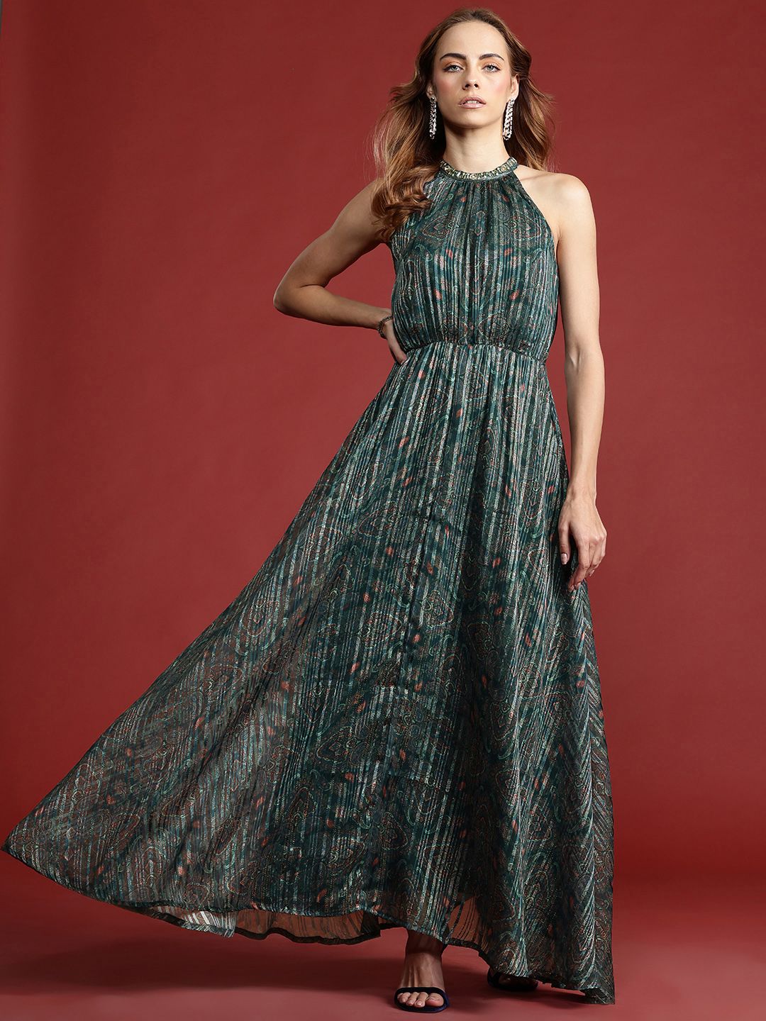 all about you Ethnic Motifs Printed Lurex Stripe Georgette Maxi Dress