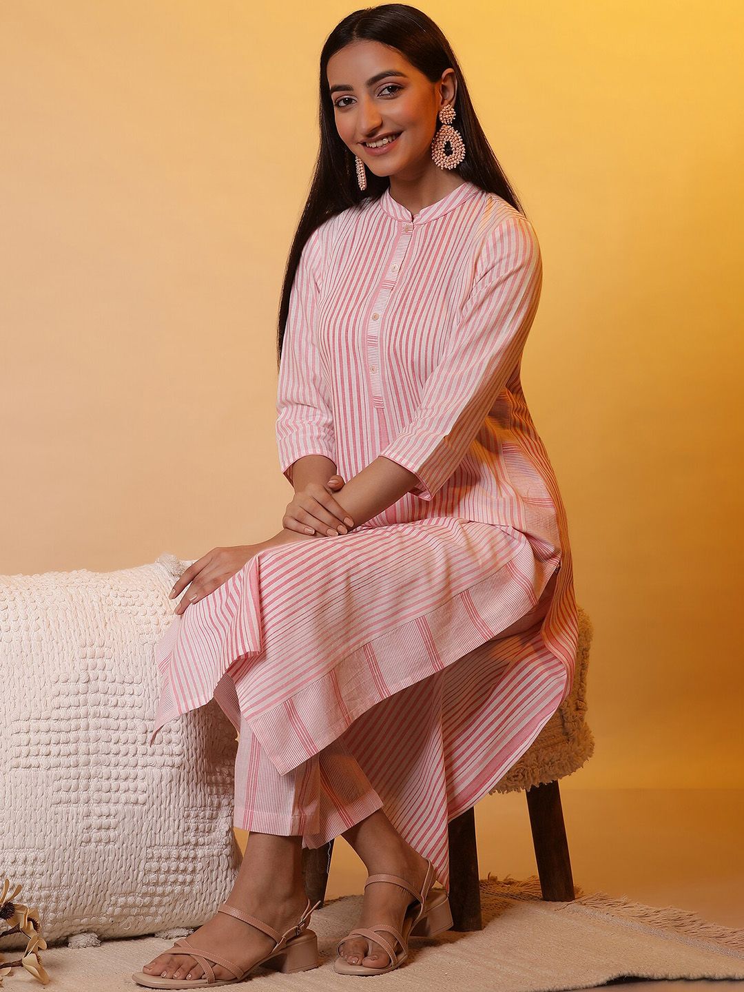 AURELIA Striped Band Collar Regular Pure Cotton Straight Kurta with Trousers