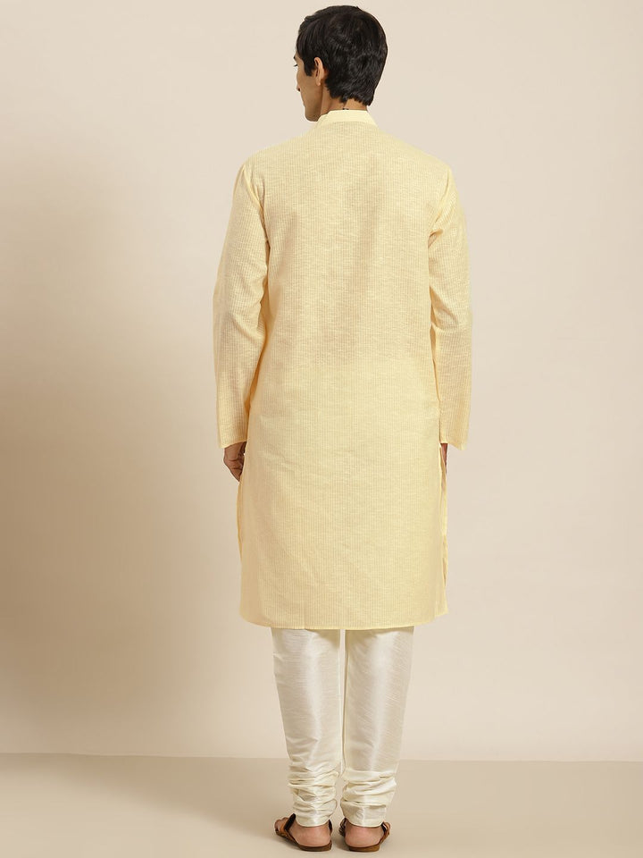 SOJANYA Men Yellow & Off White Pure Cotton Striped Kurta