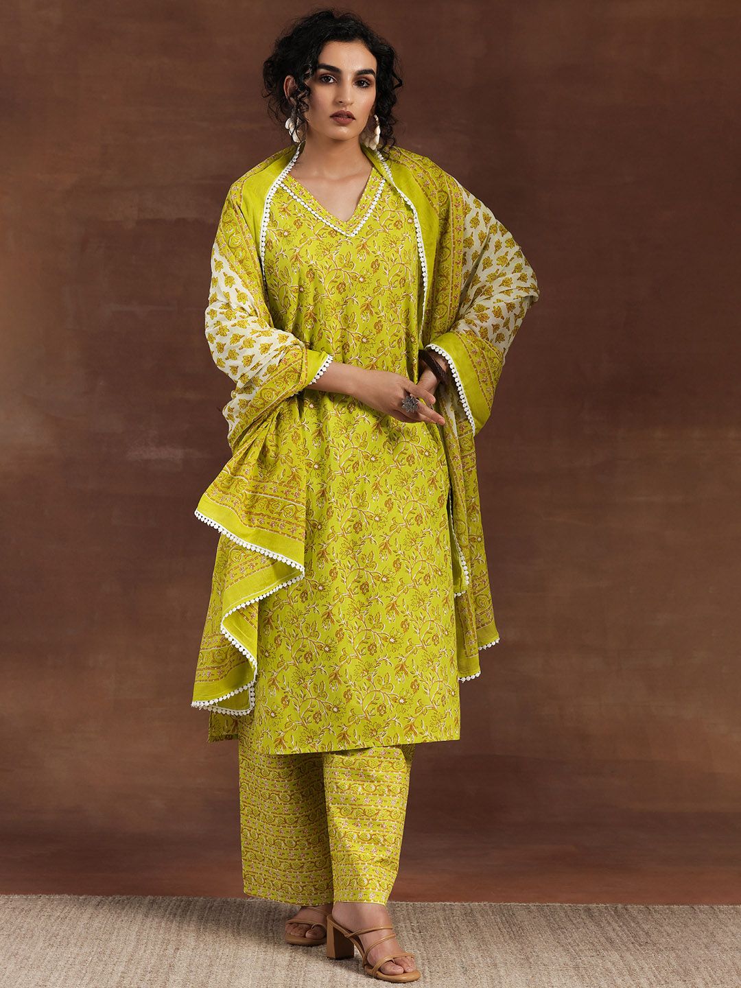 Libas Floral Printed Pure Cotton Kurta with Palazzos & With Dupatta