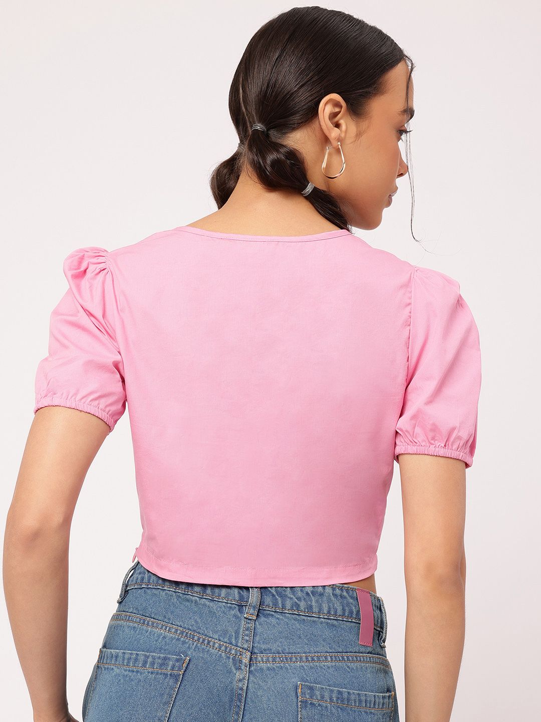 DressBerry Cute & Chic Blush Pink Square Neck Puff-Sleeve Crop Top