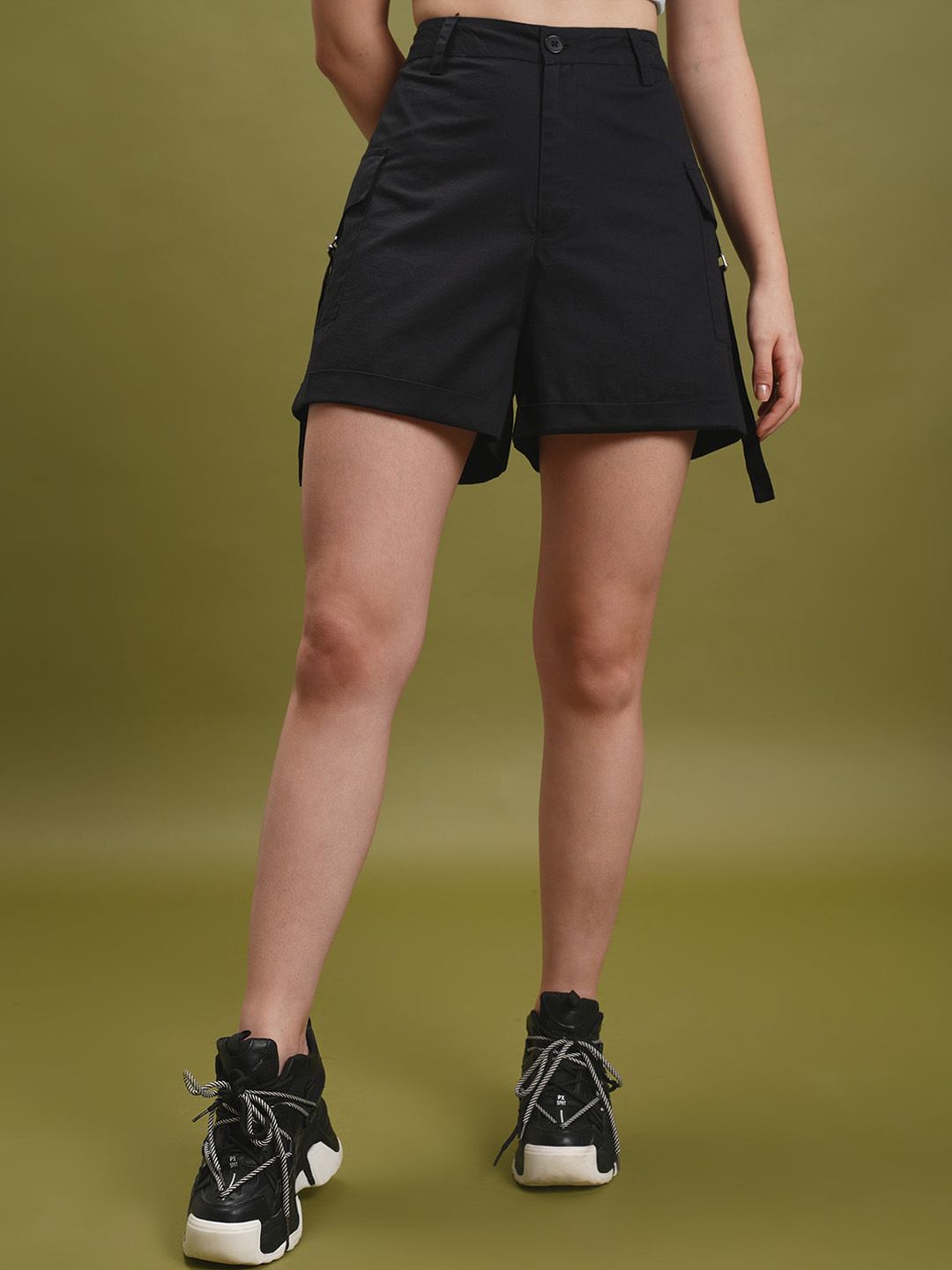 Tokyo Talkies Women Black Mid Rise Cotton Shorts