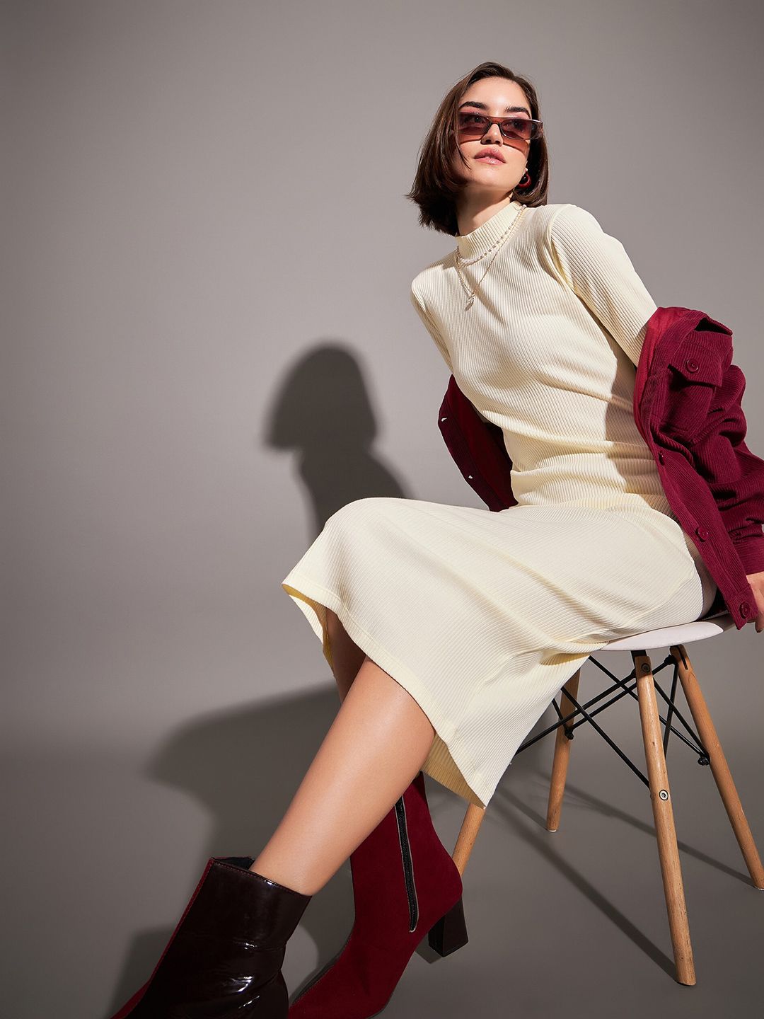 SASSAFRAS Off White Self Design High Neck Sheath Dress