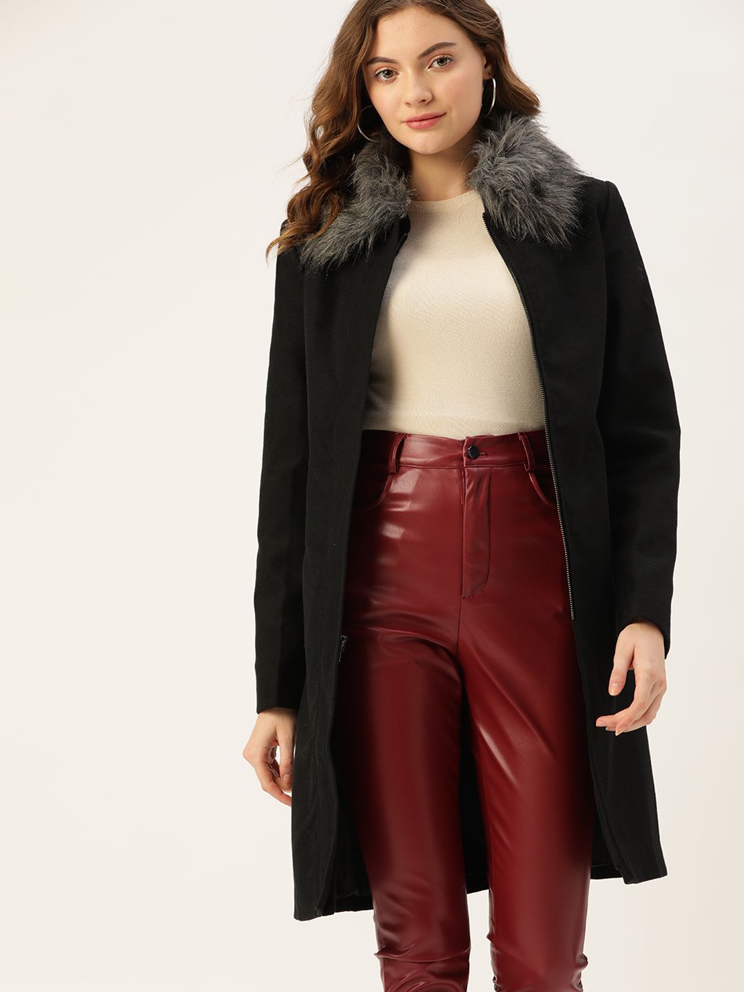 DressBerry Women Black Solid Faux Fur Collared Longline Overcoat