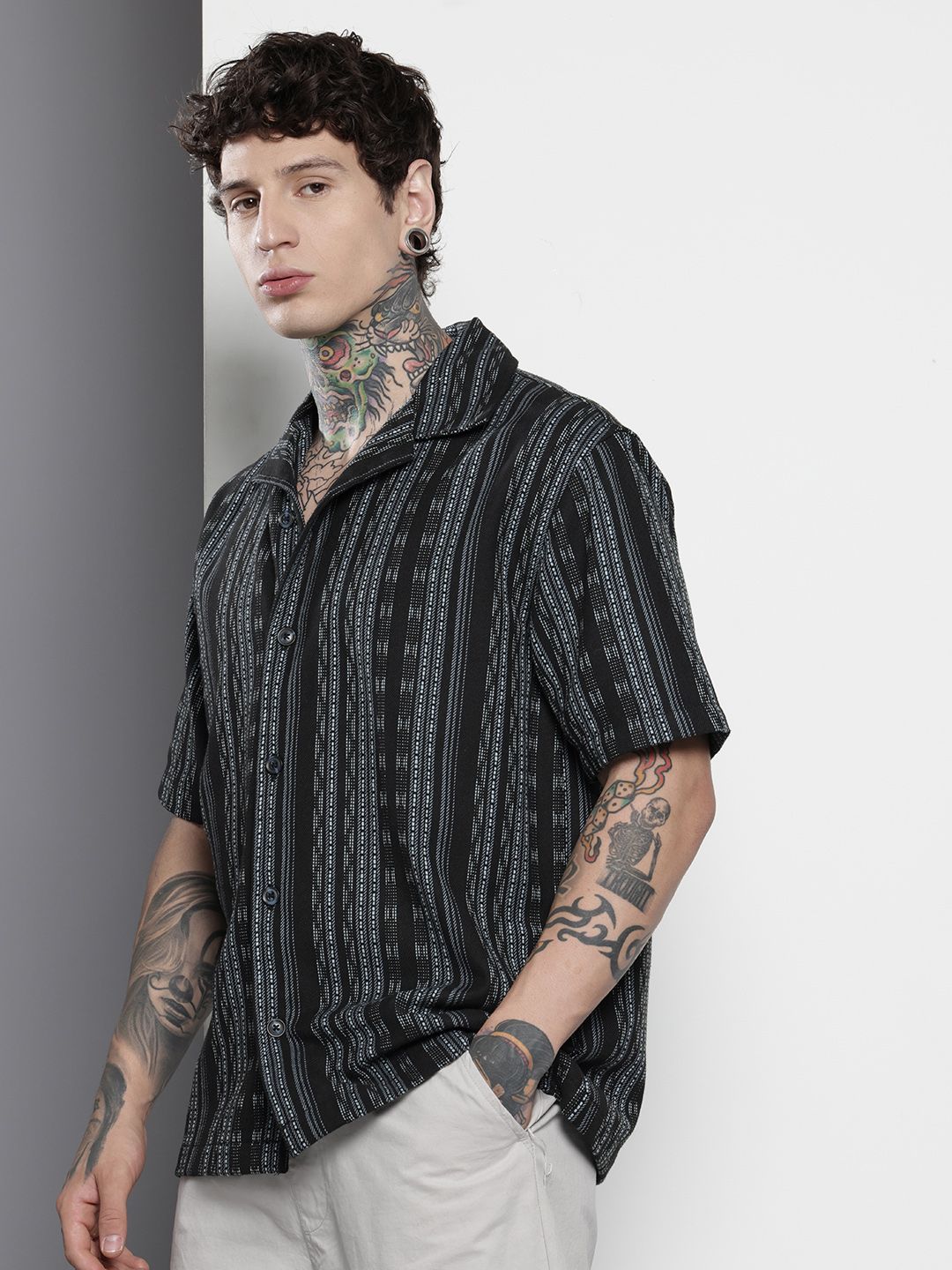 The Indian Garage Co Men Relaxed Fit Striped Resort Wear Shirt
