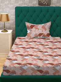 KLOTTHE Rust & White Printed Pure Cotton 400 TC Single Bedsheet With Pillow Cover