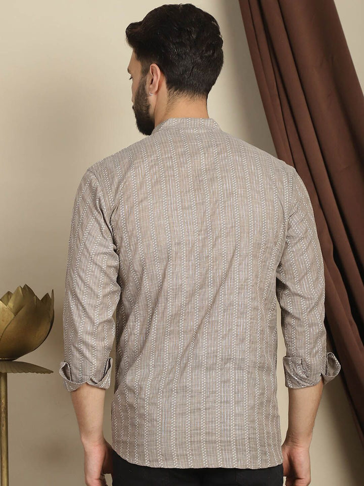 Anouk Striped Mandarin Collar Long Sleeves Cotton Kurta