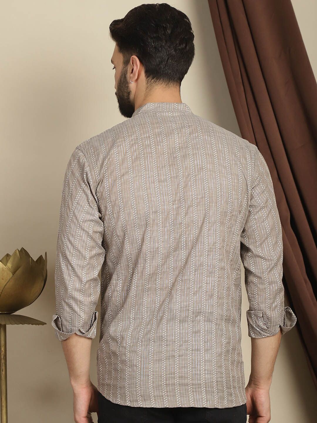 Anouk Striped Mandarin Collar Long Sleeves Cotton Kurta