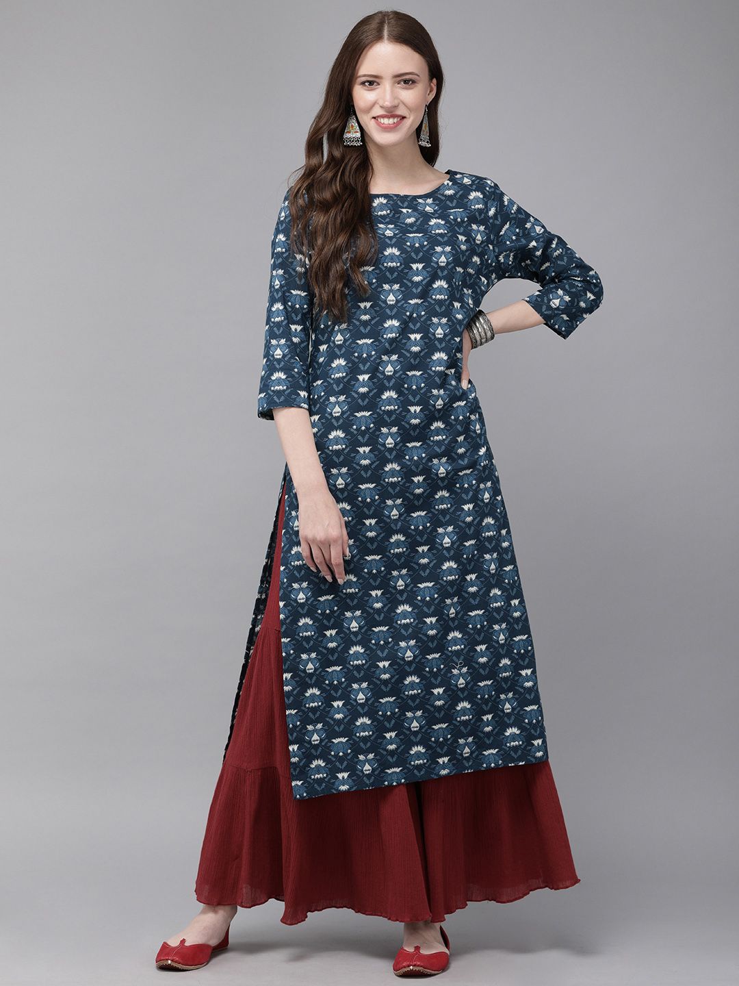 Anouk Women Navy Blue & Off-White Printed Straight Kurta