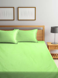 KLOTTHE Green Striped Polycotton 300 TC Super King Fine Bedsheet with 2 Pillow Covers-106 x 106 inches