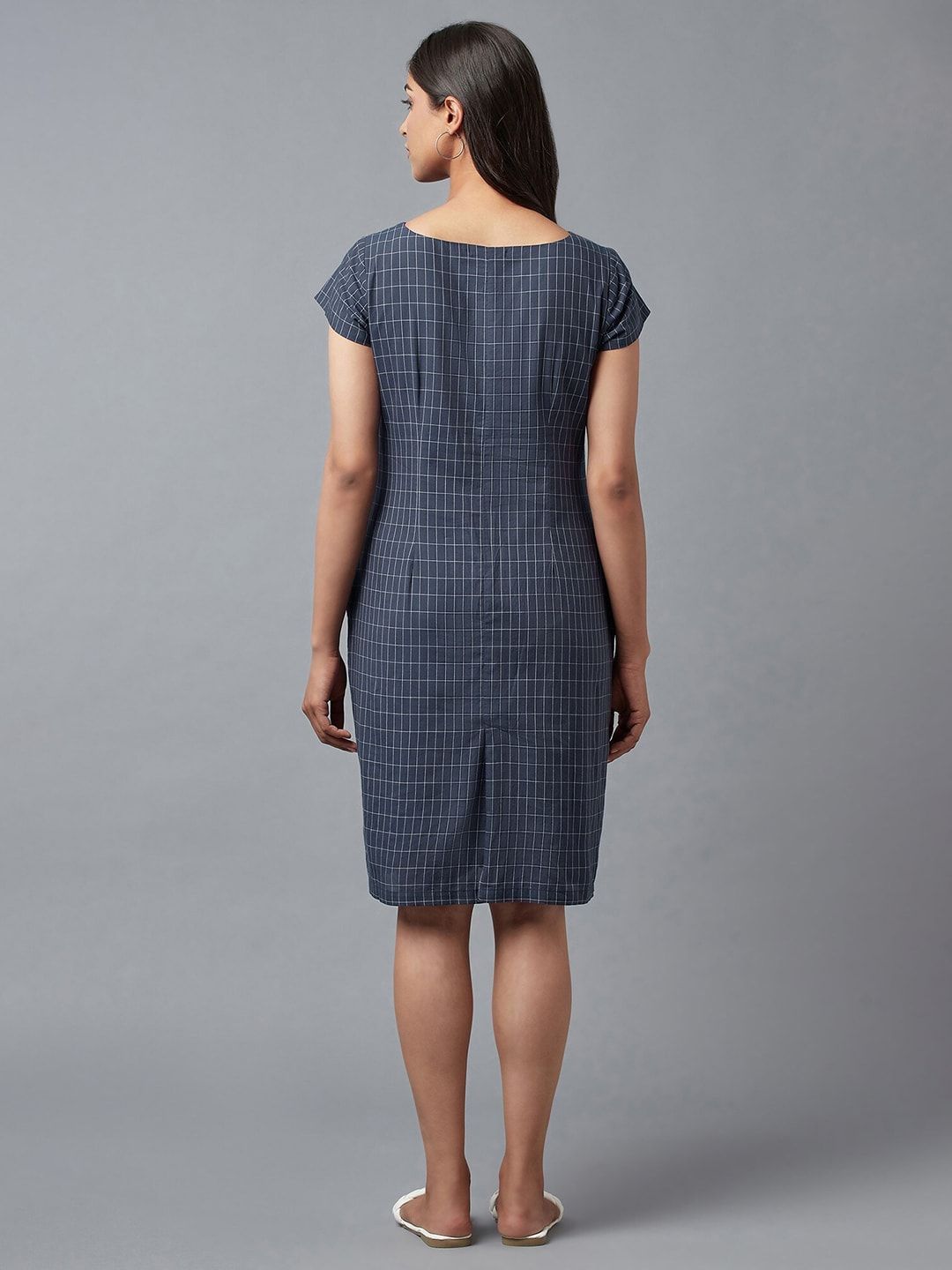 W Blue Checked Pure Cotton Sheath Dress