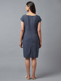 W Blue Checked Pure Cotton Sheath Dress