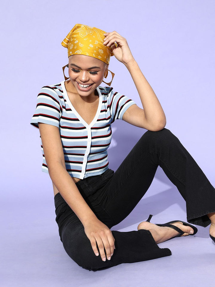 SASSAFRAS Blue & White Striped Regular Crop Top