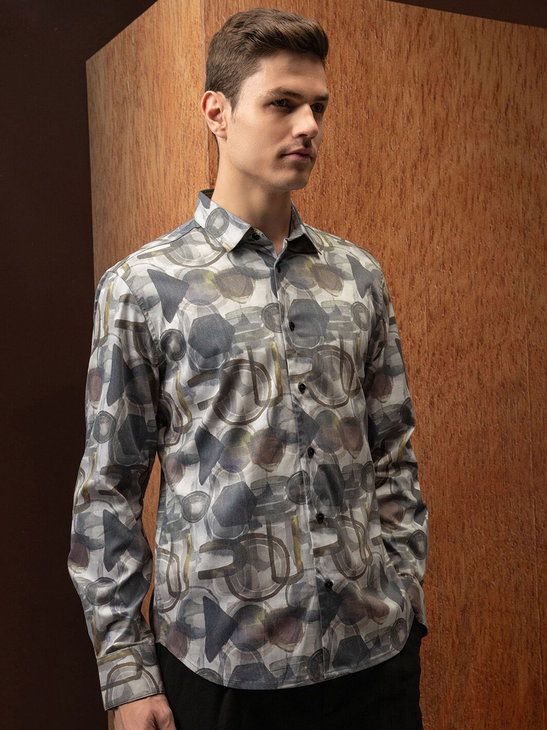 LOCOMOTIVE Satin Abstract Printed Party Shirt