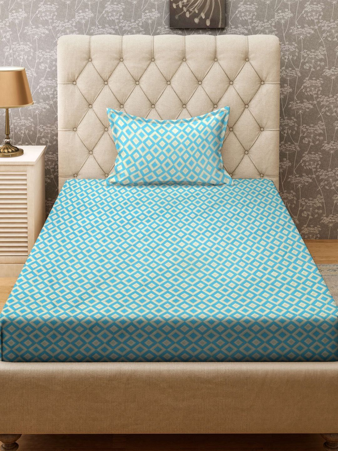 KLOTTHE Turquoise Biru & Putih Geometri Bercetak 300 TC Cadar & Sarung Bantal Single