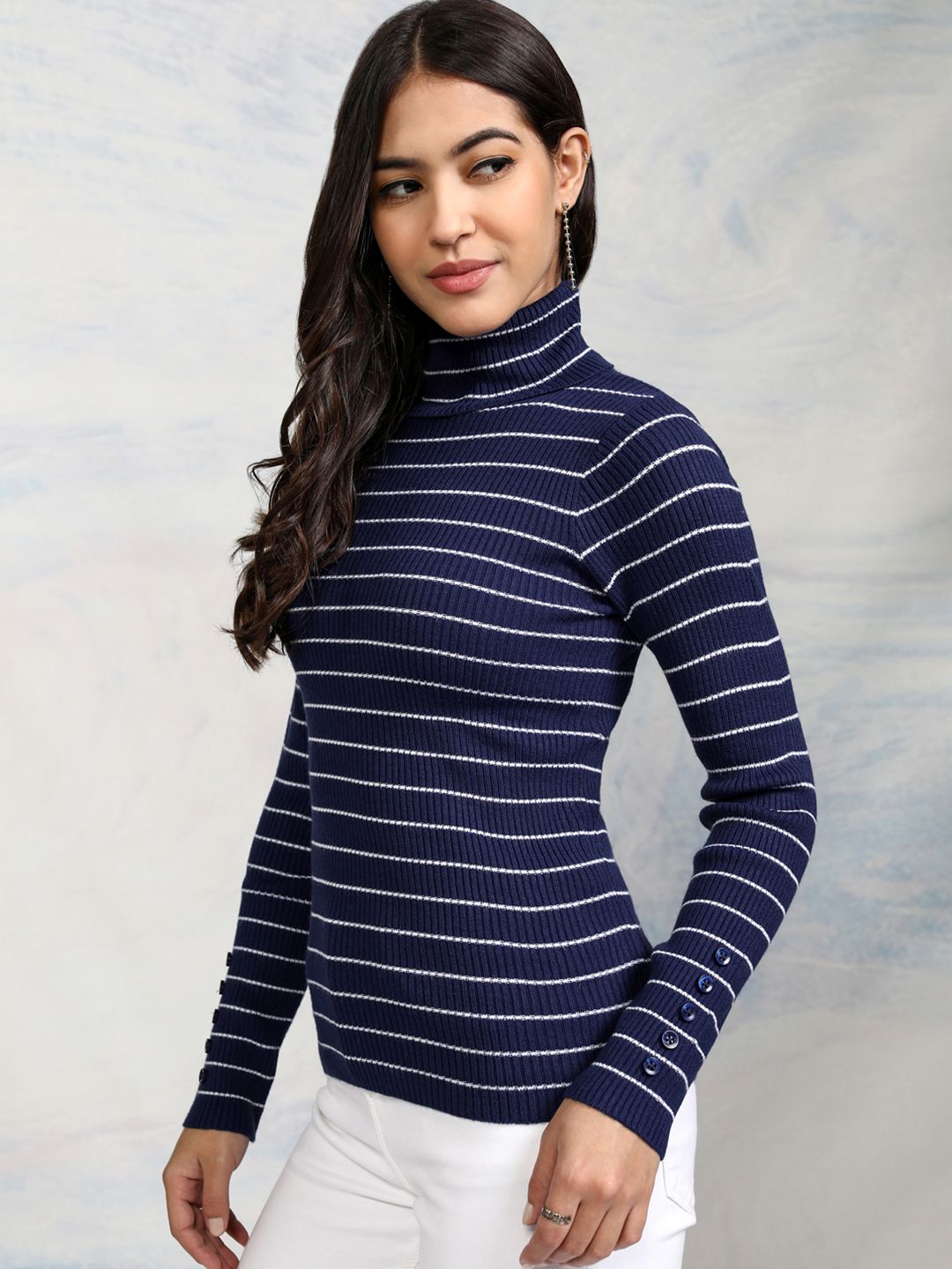 Tokyo Talkies Women Navy Blue & White Striped Acrylic Pullover