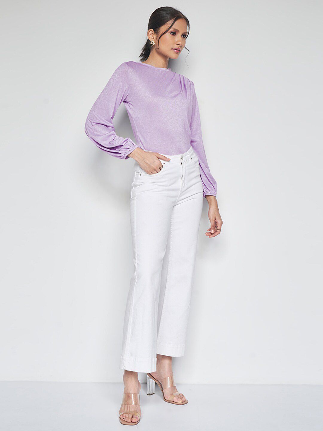 AND Boat Neck Cuffed Sleeves Top