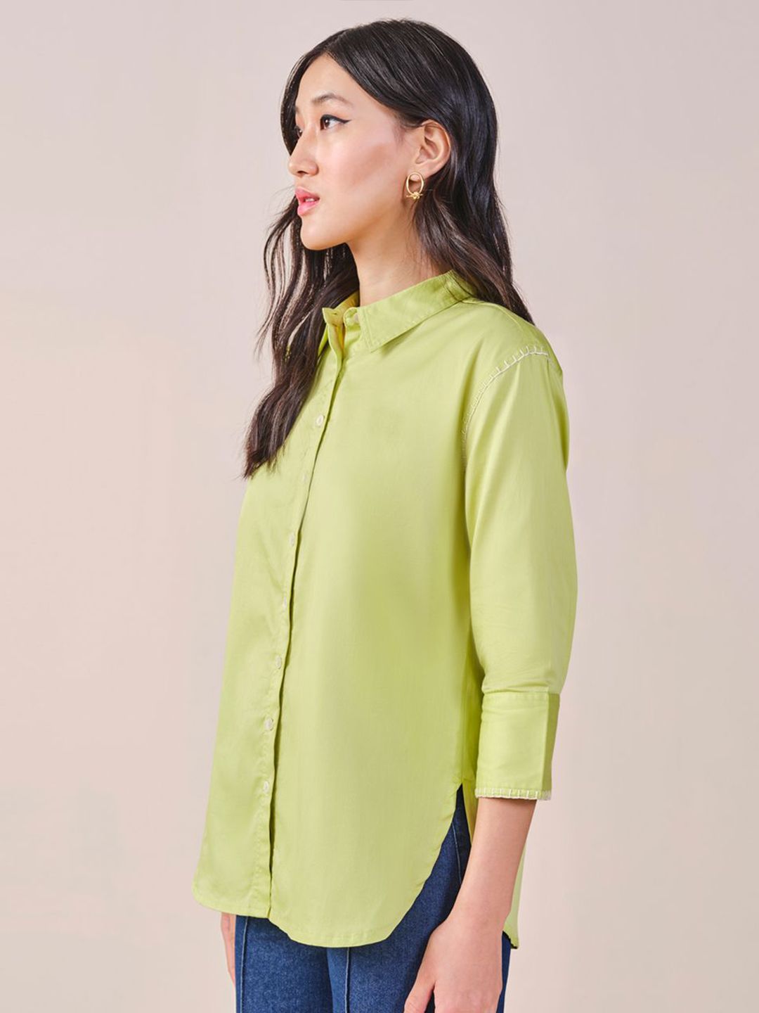 AND pure cotton shirt collar cuffed sleeves shirt Style Top