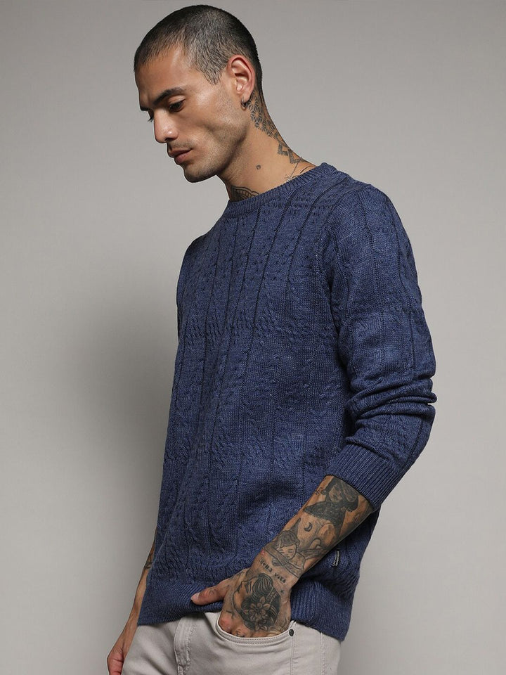 Campus Sutra Blue Cable Knit Self Design Woollen Pullover