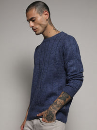 Campus Sutra Blue Cable Knit Self Design Woollen Pullover