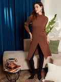 Berrylush Ribbed Turtle Neck Drop Shoulder Split Hem Longline Pullover Sweater