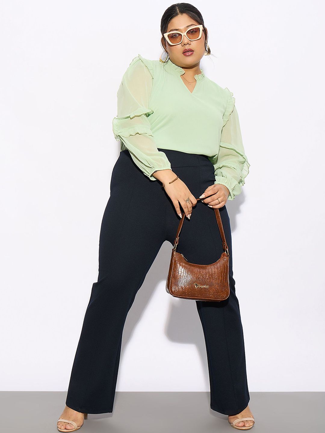 SASSAFRAS Curve Women Plus Size Navy Blue Straight Fit Regular Trousers