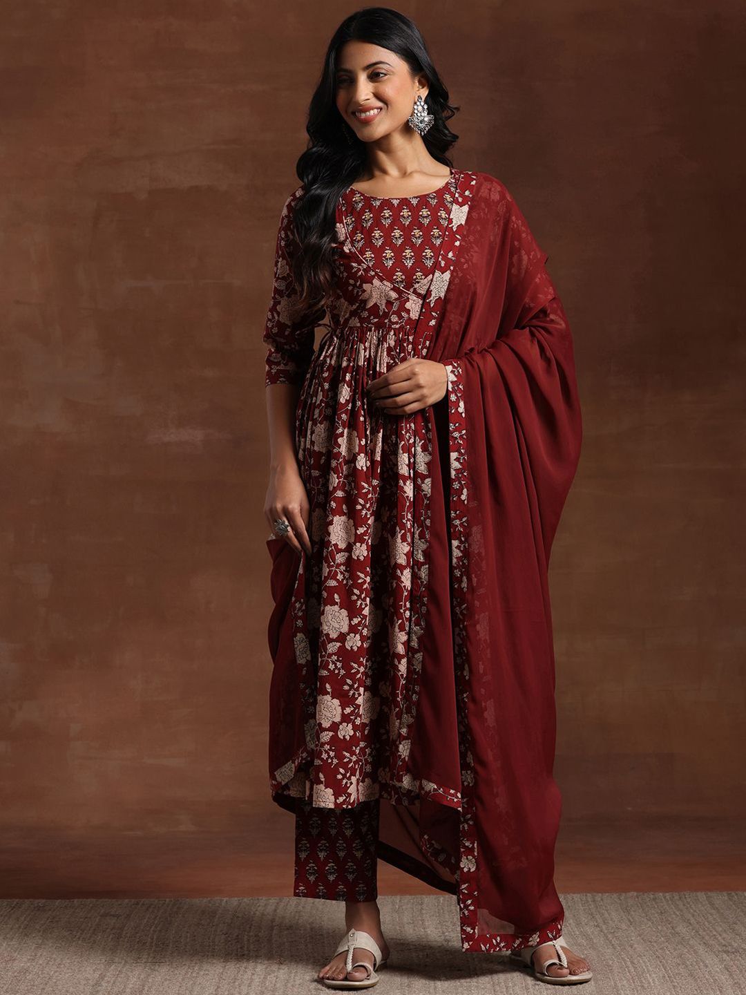 Libas Womens Maroon Printed Cotton Anarkali Kurta With Trousers & Dupatta