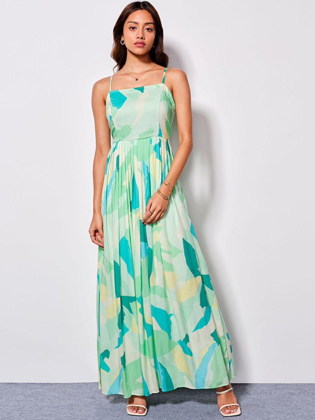 AND Women Tropical Print Shoulder Straps Sleeveless Maxi Dress