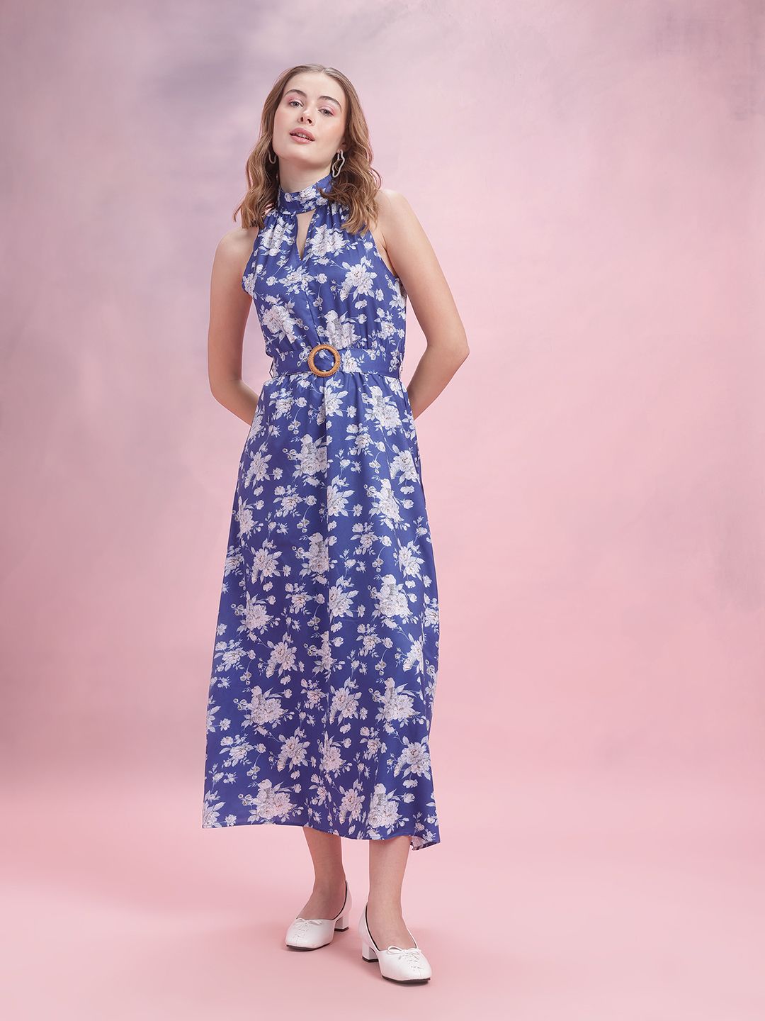 DressBerry Floral Print Belted A-Line Midi Dress