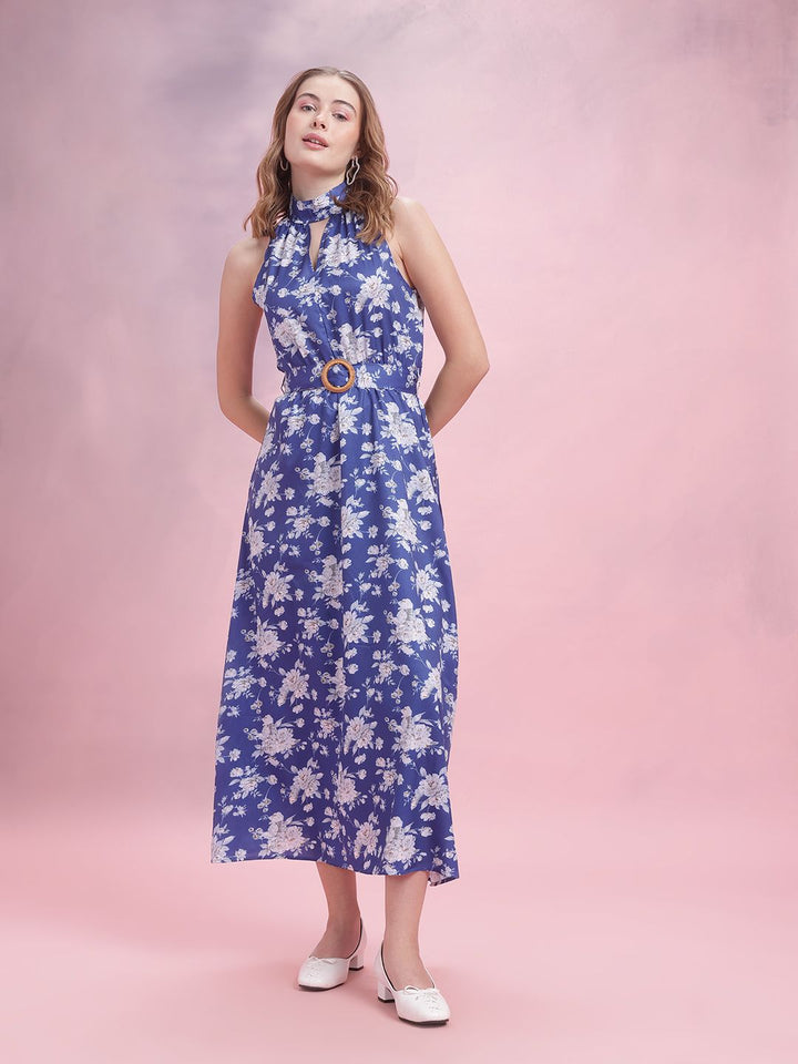 DressBerry Floral Print Belted A-Line Midi Dress