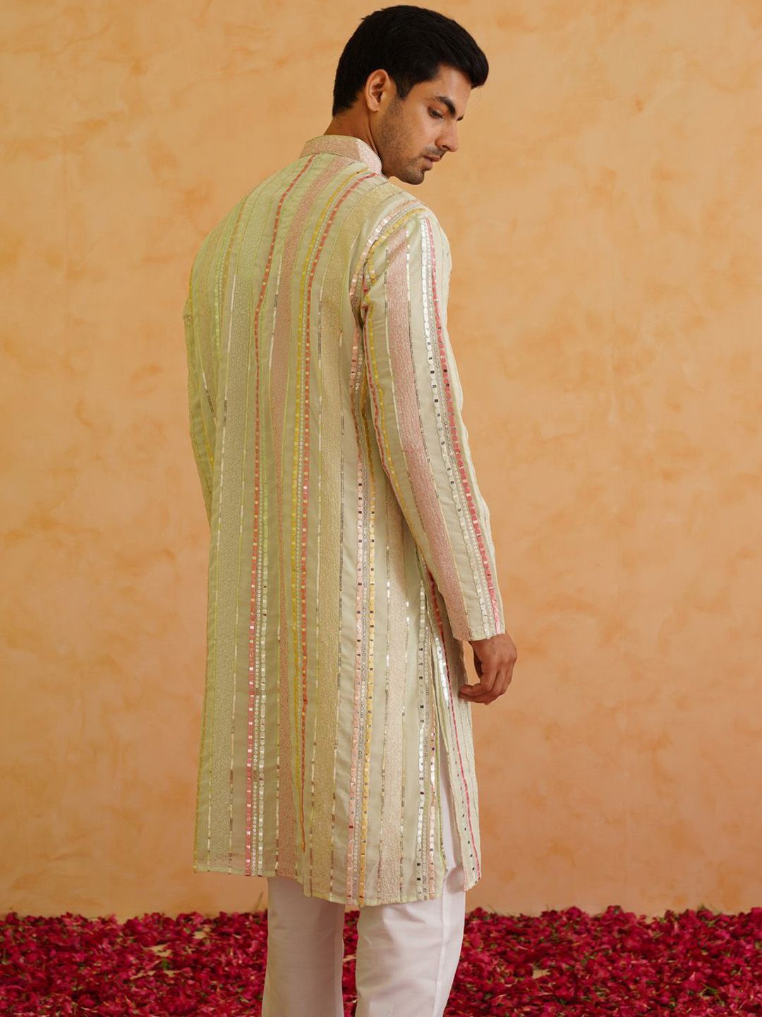 SOJANYA LUXE Striped Embellished Mandarin Collar Mirror Work Georgette Straight Kurta