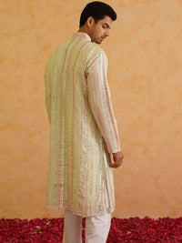 SOJANYA LUXE Striped Embellished Mandarin Collar Mirror Work Georgette Straight Kurta