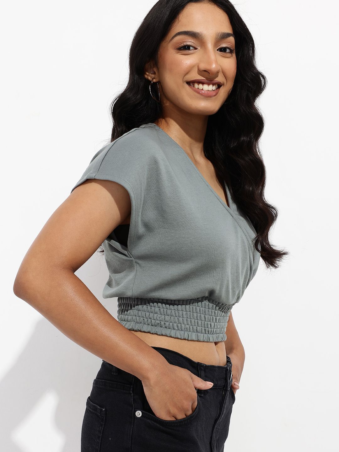 DressBerry The Soft Life Wrap Style Blouson Crop Top
