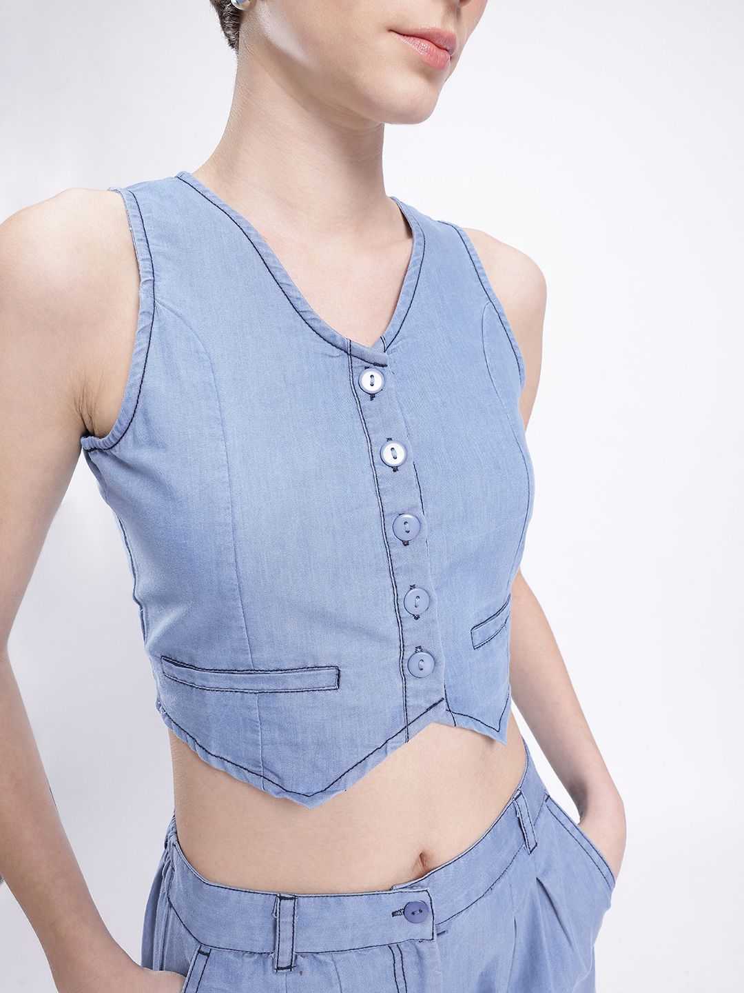 DressBerry Urban Chic Chambray Crop Waistcoat Top With Relaxed Trousers