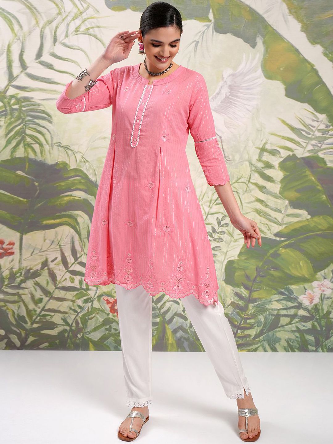 Vishudh Pink Floral Embroidered Thread Work Pure Cotton A-Line Kurta With Trousers