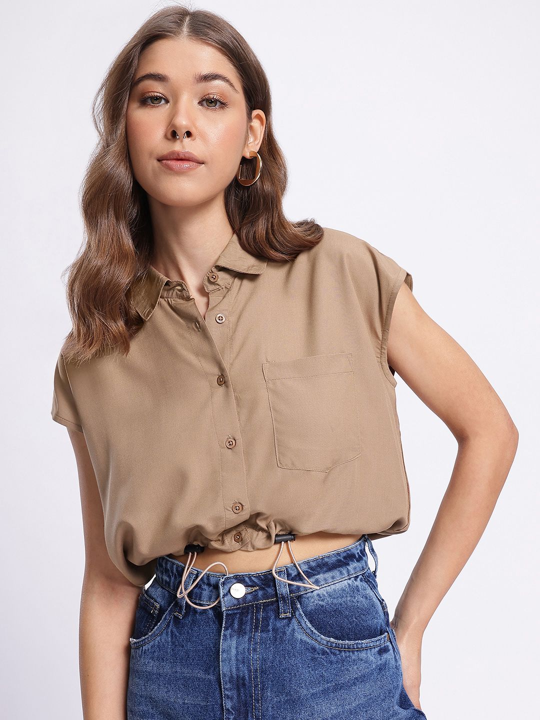 DressBerry Soft Spectrum  Cinched Waist Crop Shirt-Style Top