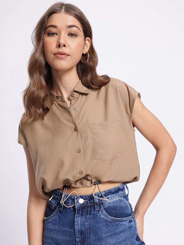 DressBerry Soft Spectrum  Cinched Waist Crop Shirt-Style Top