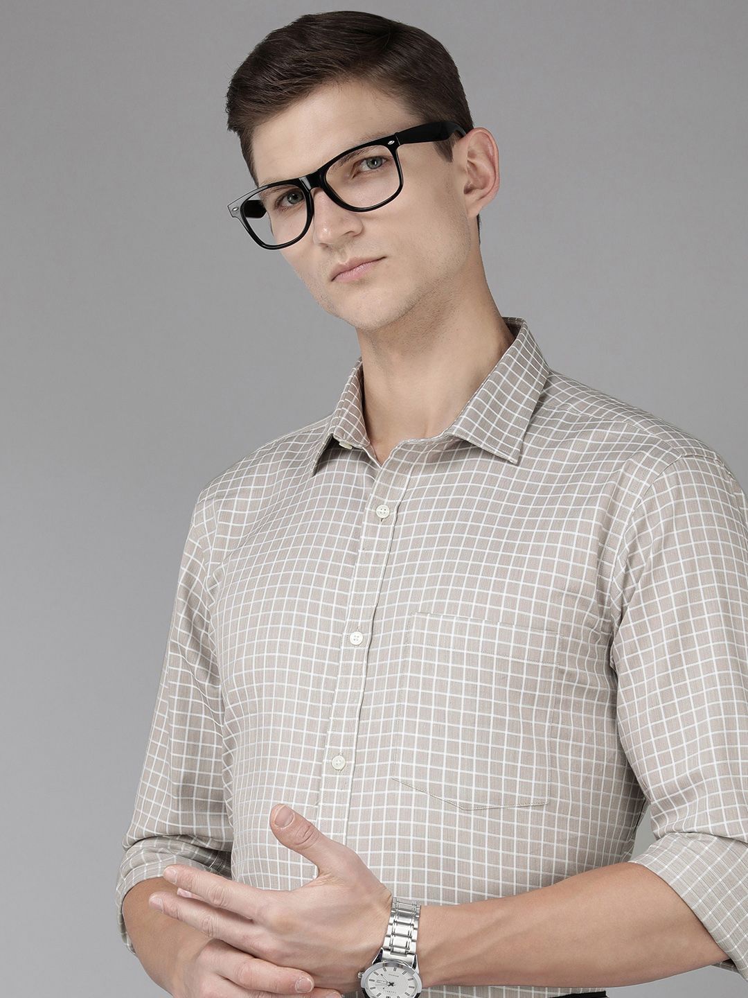 Park Avenue Pure Cotton Slim Fit Grid Tattersall Checked Formal Shirt